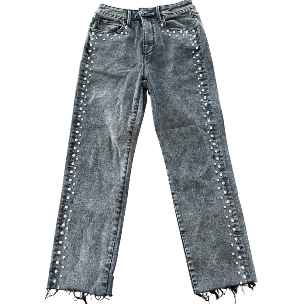 AQUA Studded Straight Leg Jeans Women 25 Grey Cotton Rhinestone Raw Hem Edgy